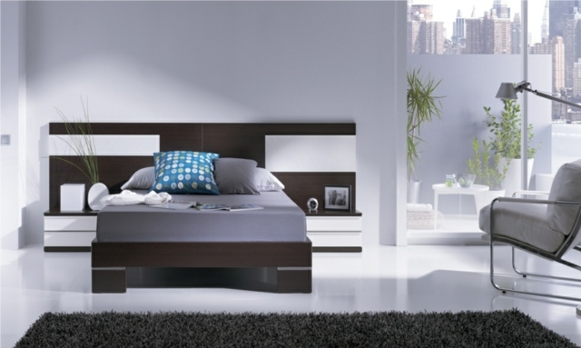 idées-déco-chambre-coucher-couleurs-naturelles-murs-blancs-tapis-marron-cadre-lit-tête-lit-bois-accents-blancs idées déco chambre à coucher