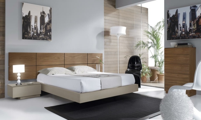 idées-déco-chambre-coucher-couleurs-naturelles-murs-blancs-tête-lit-bois-tapis-noir-chaise-noire-tableau idées déco chambre à coucher