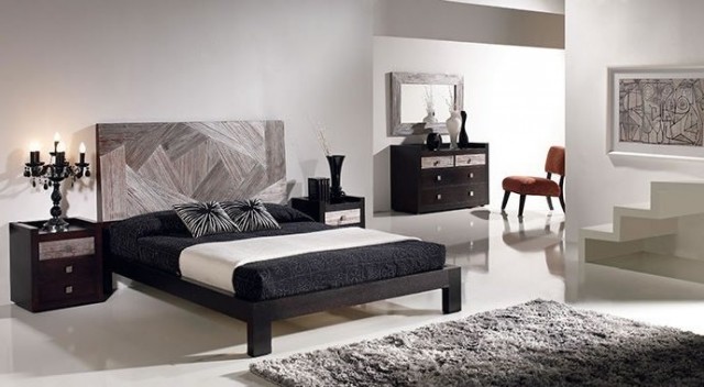 idées-déco-chambre-coucher-couleurs-naturelles-murs-blancs-tête-lit-grise-tapis-gris-mobilier-bois-sombre idées déco chambre à coucher