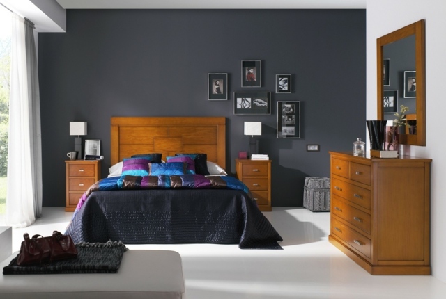 idées-déco-chambre-coucher-couleurs-naturelles-murs-gris-blanc-mobilier-bois-lampes-chevet-linge-lit-bleu-foncé