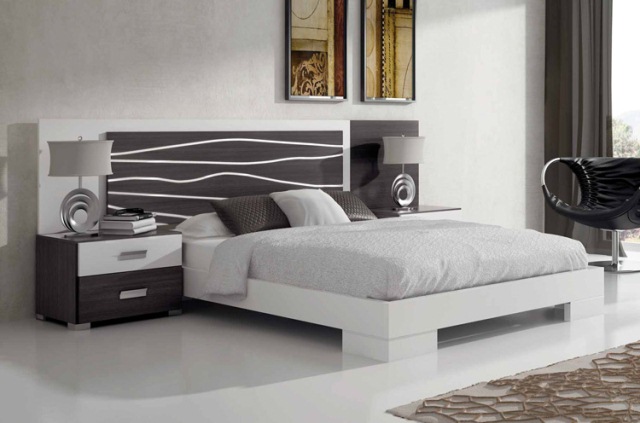 idées-déco-chambre-coucher-couleurs-naturelles-murs-gris-clair-tête-lit-bois-motifs-blancs-linge-lit-blanc idées déco chambre à coucher