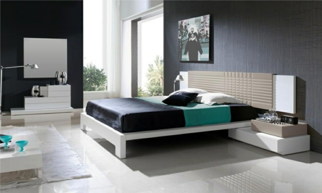 idées-déco-chambre-coucher-couleurs-naturelles-murs-gris-foncé-noir-tête-lit-beige-blanc-linge-lit-turquoise-noir