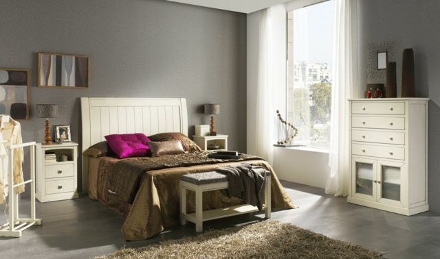 idées-déco-chambre-coucher-couleurs-naturelles-murs-gris-mobilier-ensemble-blanc-tapis-beige-tête-lit-blanche idées déco chambre à coucher