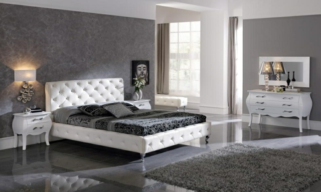 idées-déco-chambre-coucher-couleurs-naturelles-murs-gris-tapis-shaggy-mobilier-blanc-élégant idées déco chambre à coucher