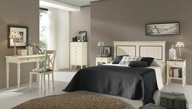idées-déco-chambre-coucher-couleurs-naturelles-murs-tapis-beige-couverture-noire-mobilier-blanc idées déco chambre à coucher