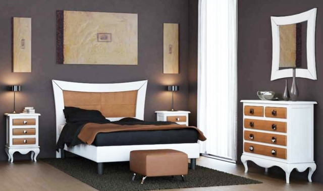 idées-déco-chambre-coucher-couleurs-naturelles-murs-marron-mobilier-deux-couleurs-blanc-bois-linge-lit-noir idées déco chambre à coucher