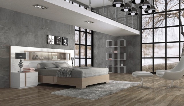 idées-déco-chambre-coucher-couleurs-naturelles-parquet-table-chevet-bois-blanc-murs-gris-étagère-blanche
