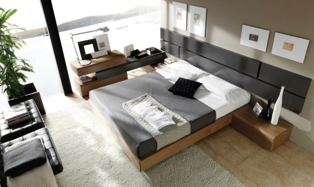 idées-déco-chambre-coucher-couleurs-naturelles-tpete-lit-noire-mobilier-bois-élégant-tapis-blanc