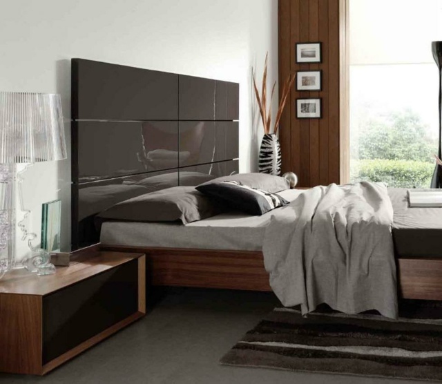 idées-déco-chambre-coucher-couleurs-naturelles-tête-lit-chocolat-mobilier-bois-murs-blancs idées déco chambre à coucher