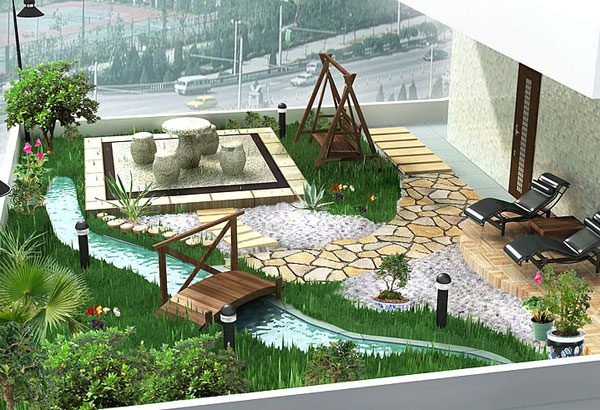 jardin avec canal d'eau
