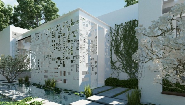 jardin avec motifs perforés sur mur