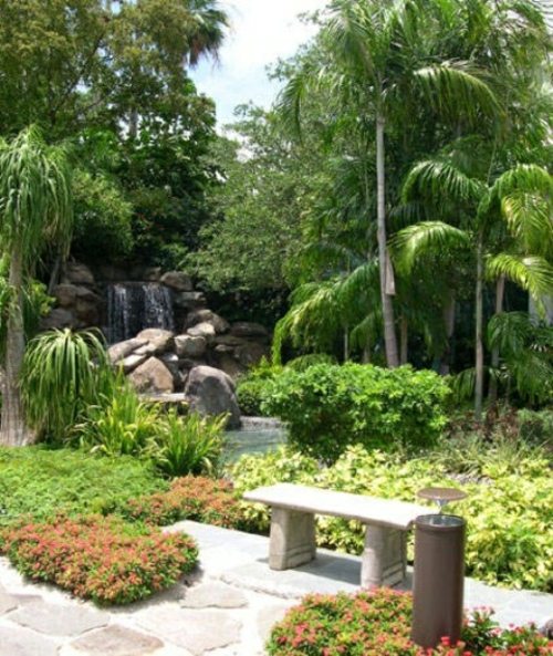 jardin japonais palme verdure banc simple