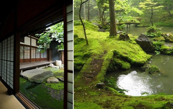 jardins japonais mousse verte étang