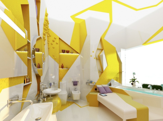 jaune blanc decoration salle bain style cubism
