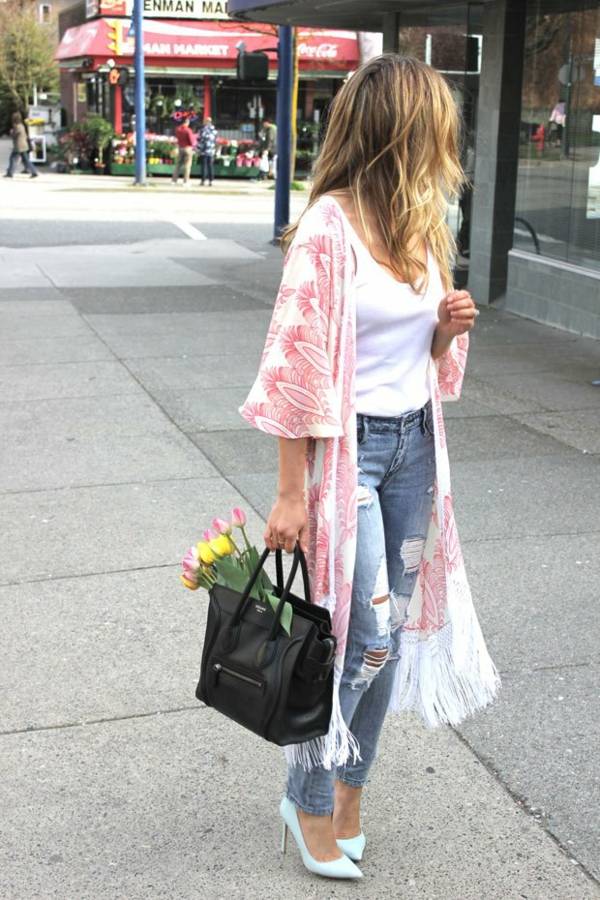kimono elegant rose jeans top blanc