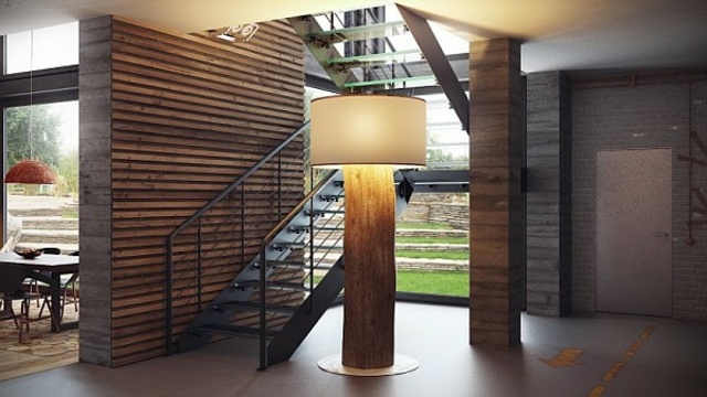 lampadaire tronc arbre cylindre escalier interieur moderne