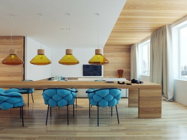 lampe moderne interieur bois blanc fenetre chaise bleu verre jaune souffle