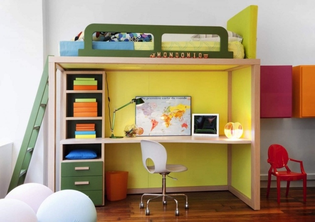 lit-mezzanine-enfant-jaune-vert-bureau-échelle-design-contemporain lit mezzanine enfant