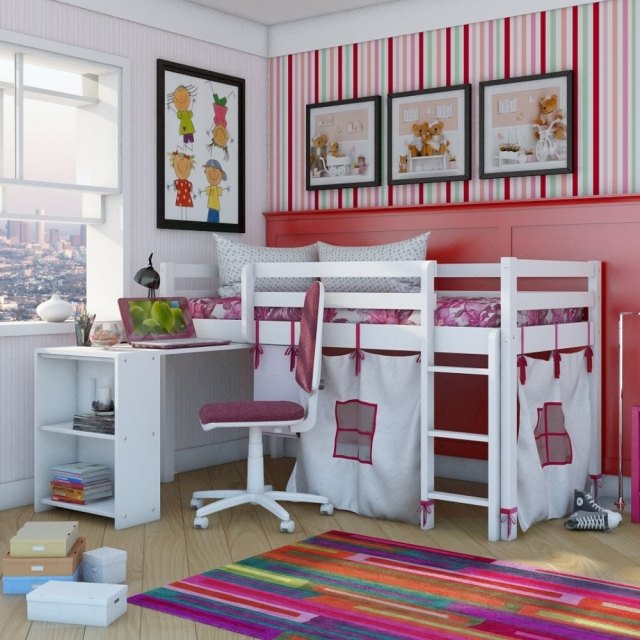lit-mezzanine-enfant-lit-blanc-accents-rose-papier-peint-rayures-roses-chambre-fille lit mezzanine enfant