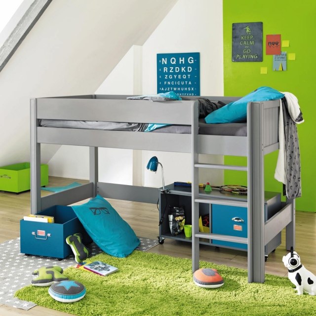 lit-mezzanine-enfant-murs-verts-accents-gris-bleu-petit-bureau lit mezzanine enfant