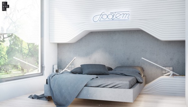 Chambre à coucher lit plateforme et un mur atypique encastré gris