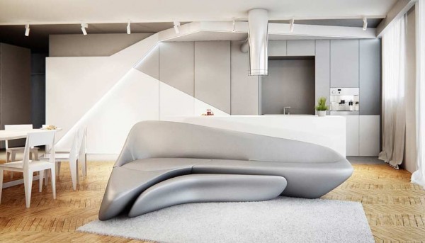 Appart high-tech en chrome et canapé argenté  futuriste design aménagement