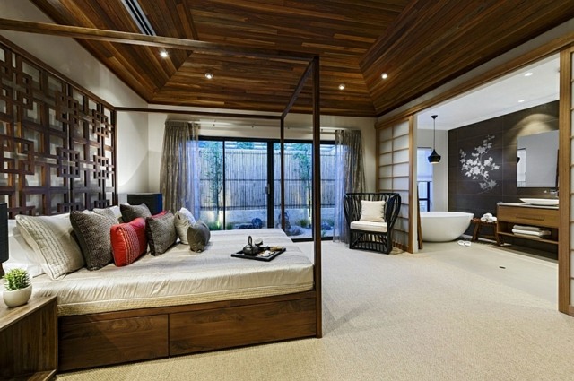 maison japonaise design moderne lit cadre baldaquin chambre lambris