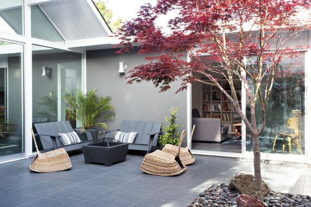maison moderne bois cour interieure patio arbre rouge automne