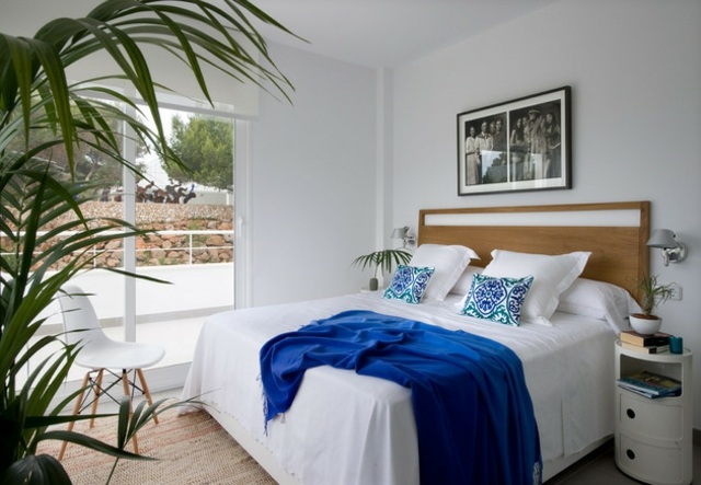 maison moderne chambre coucher lit bleu  palme fenetre