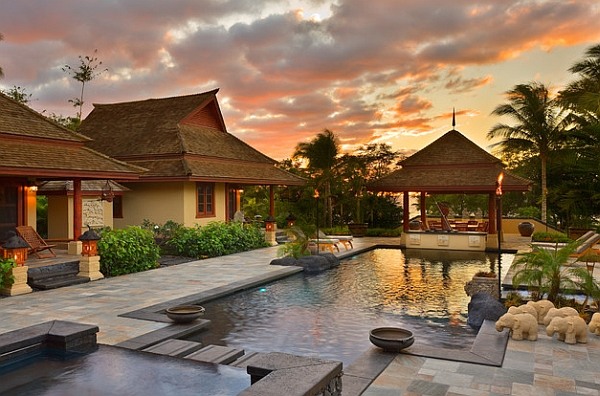 maison villa luxe hawaii torche coucher soleil nuage rose piscine pavillon
