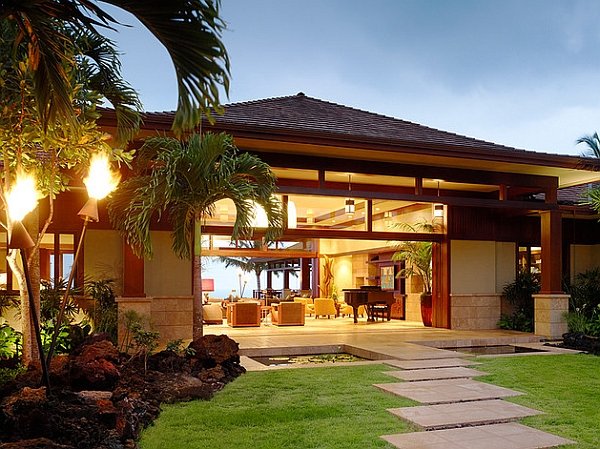 maison villa luxe hawaii torche sentier chemin dalle jardin piano queue salon sejour-ouvert-ecterieur