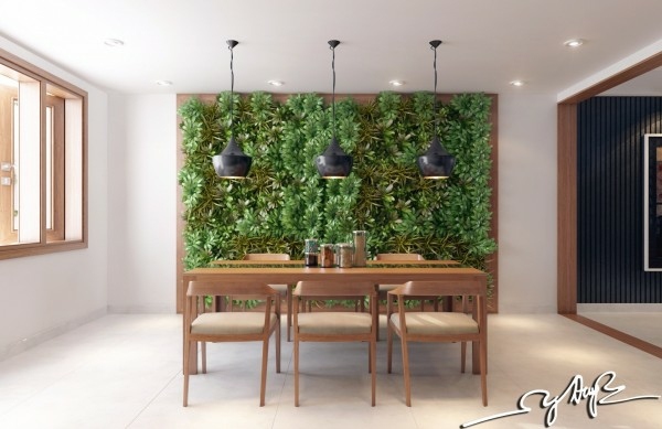 côté meubles cuisine entièrement bois vert mur verdure