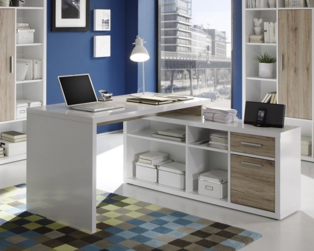 meuble-informatique-moderne-blanc-design-épuré-tiroirs-étagères-mur-bleu