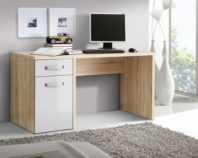 meuble-informatique-moderne-bois-blanc-clair-élégant-tiroirs-tapis-blanc-vases-blancs meuble informatique