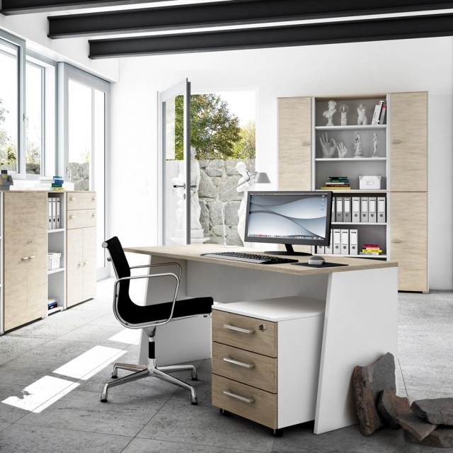 meuble-informatique-moderne-bois-clair-blanc-chaise-noire-roulettes-bibliothèque meuble informatique