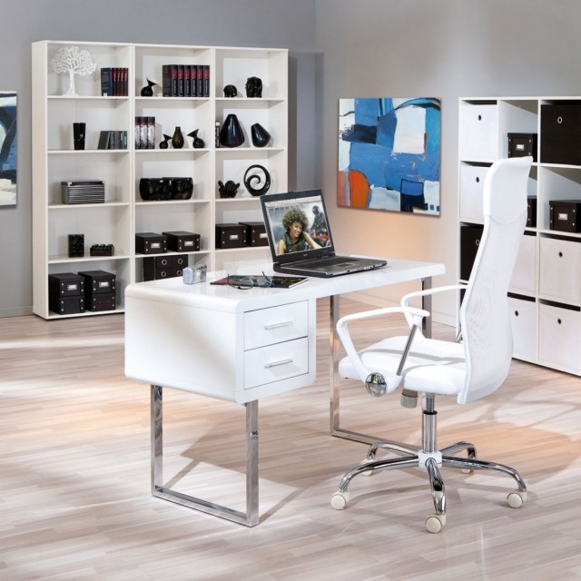 meuble-informatique-moderne-chaise-blanche-roulettes-tiroirs-pieds-acier-inox-bibliothèque meuble informatique
