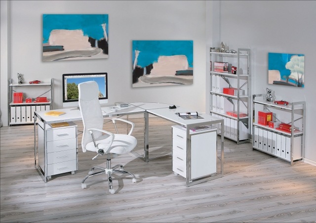 meuble-informatique-moderne-chaise-blanche-tableaux-parquet meuble informatique