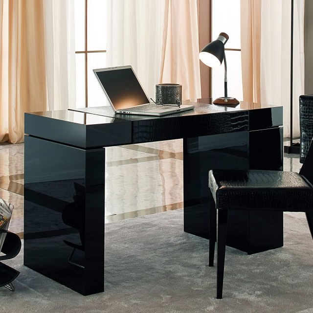 meuble-informatique-moderne-noir-finition-brillante-chaise-noire-petite-lampe-poser meuble informatique