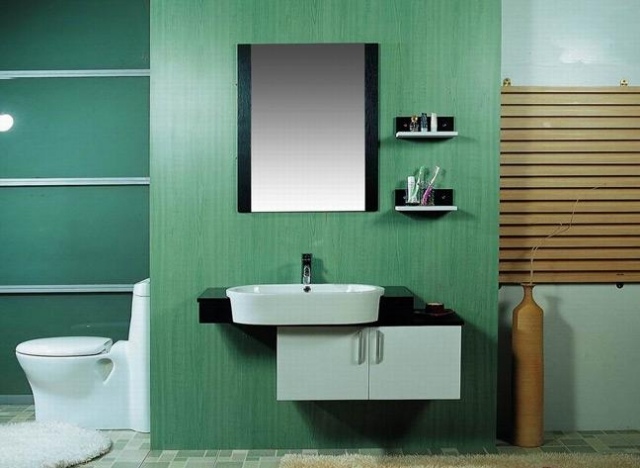 meuble salle de bain asymétrique mur-vert-éméraude