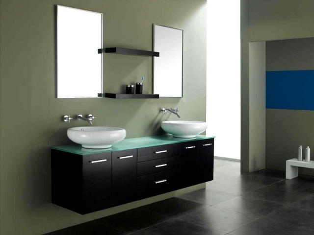 meuble salle de bain bois-foncé-double-vasque