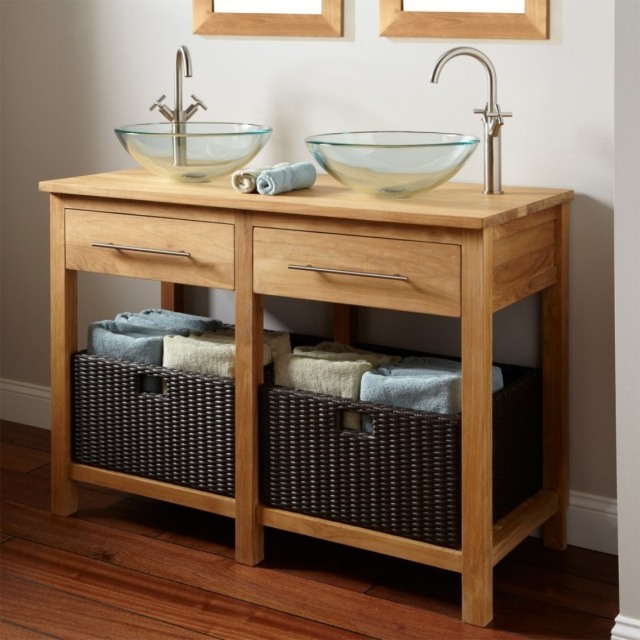 meuble-salle-bains-pas-cher-bois-élégant-vasques-verre-forme-ovale meuble salle de bains pas cher