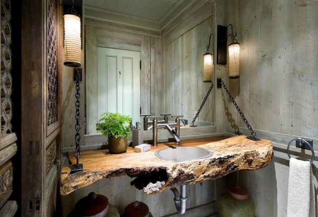 meuble-salle-bains-pas-cher-rustique-bois-vasque-encastré-lampes meuble salle de bains pas cher