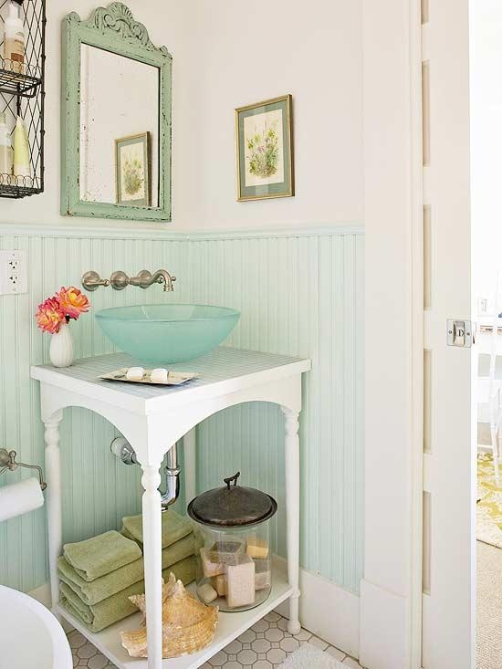 meuble-salle-bains-pas-cher-table-blanche-élégante-vasque-ovale-verre-bleu meuble salle de bains pas cher