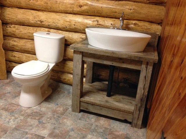 meuble-salle-bains-pas-cher-table-bois-rustique-vasque-blanc-forme-ovale meuble salle de bains pas cher