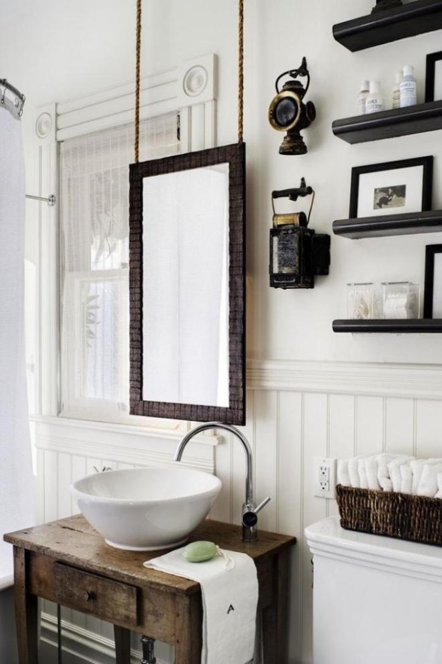 meuble-salle-bains-pas-cher-table-bois-vintage-vasque-blanc meuble salle de bains pas cher