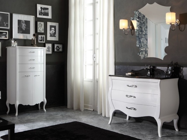 meuble-sous-lavabo-style-classique-blanc-tiroirs-poignées-métalliques-tapis-noir meuble sous lavabo