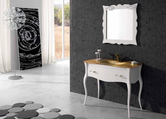 meuble-sous-lavabo-style-classique-blanc-vasque-doré-miroir-cadre-blanc meuble sous lavabo