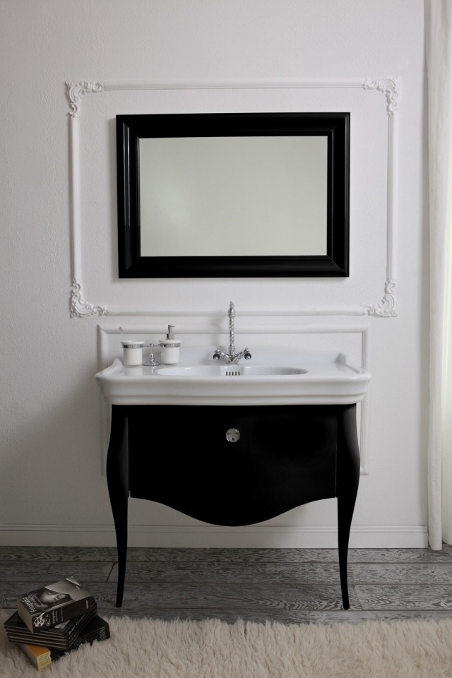 meuble-sous-lavabo-style-classique-noir-bas-vasque-blanc-cadre-miroir-noir meuble sous lavabo