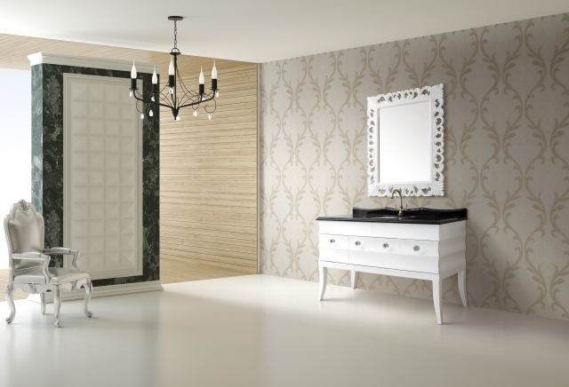 meuble-sous-lavabo-style-classique-noir-blanc-cadre-miroir-blanc-élégant-papier-peint-motifs-dorés meuble sous lavabo