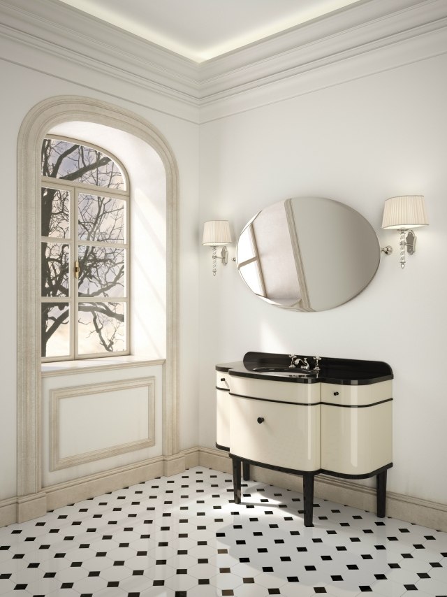 meuble-sous-lavabo-style-classique-noir-blanc-deign-original-miroir-forme-ovale meuble sous lavabo